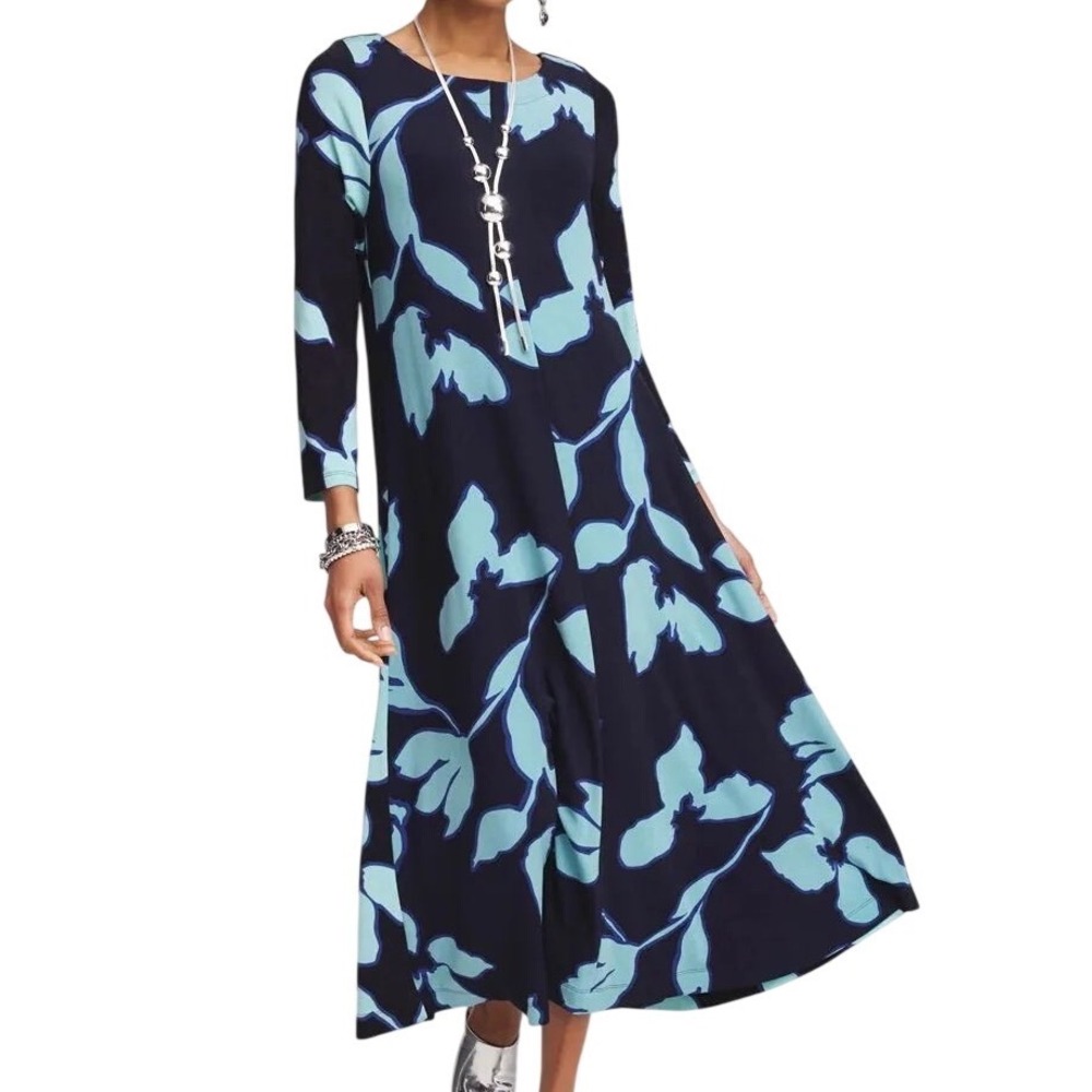 Chico's Women's Travelers Abstract Floral Print A-Line Midi Dress Blue Size XL